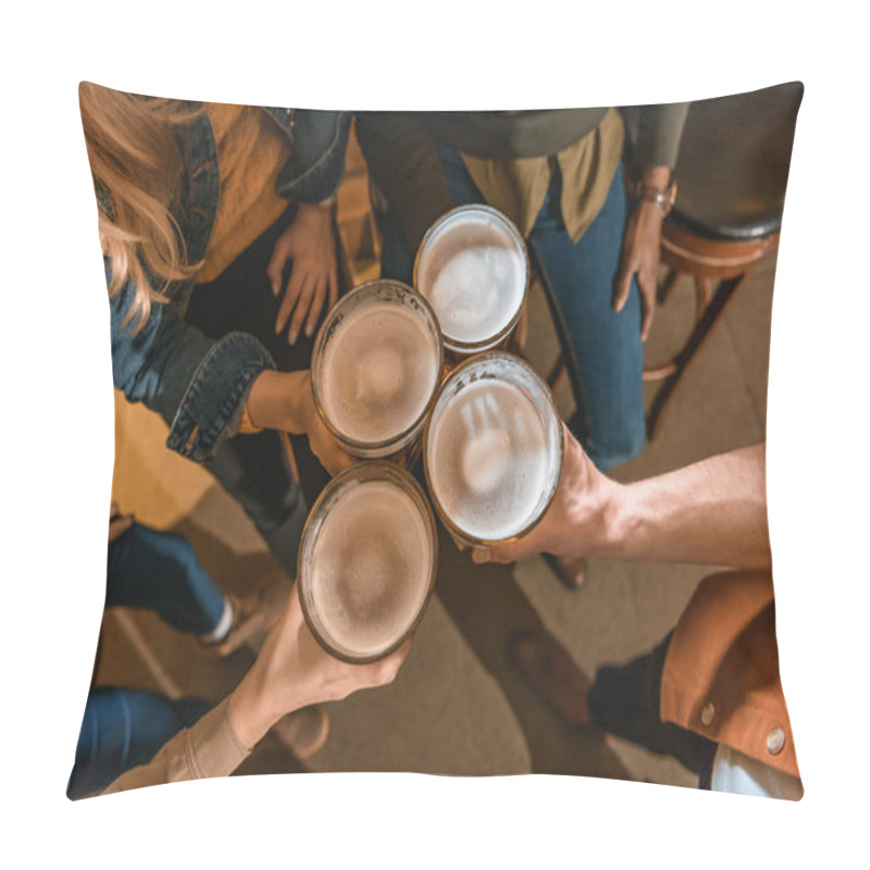 Personality  Top View Of Cropped Company Holding Glasses With Beer At Bar Pillow Covers