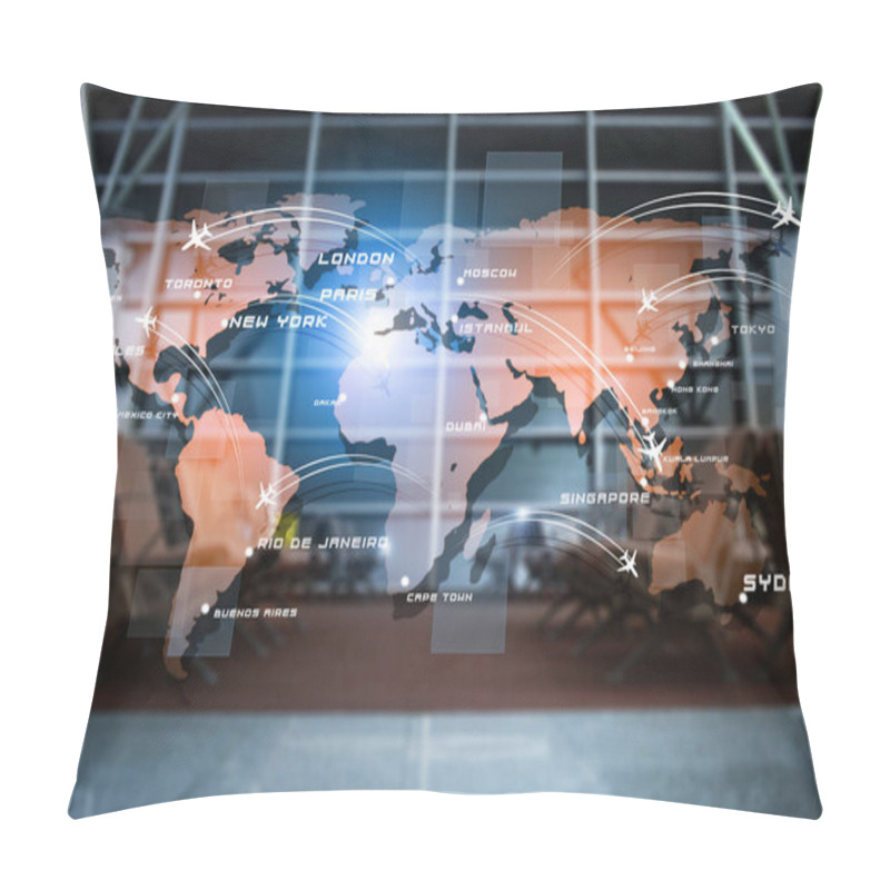 Personality  Aviation Background With Planes Over The Map With World Capitals. Mixed Media Pillow Covers