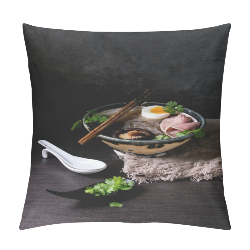 Personality  Traditional Japanese Noodle Soup With Shiitake Mushroom, Egg, Sliced Beef And Greens Served In Ceramic Bowl With Wooden Chopsticks And White Spoon On Cloth Over Dark Table. Asian Style Dinner. Pillow Covers