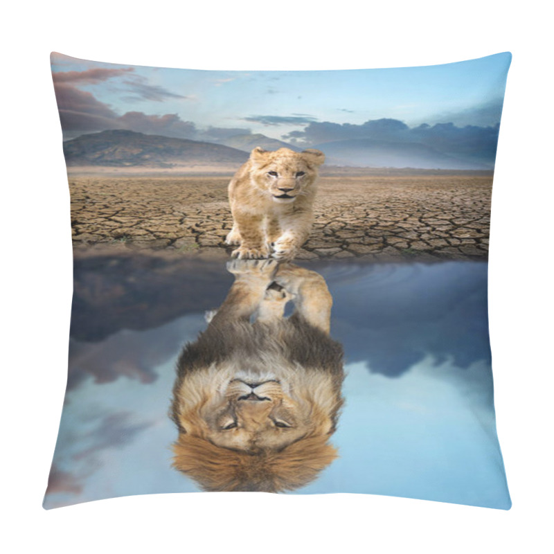 Personality  Lion Cub Looking The Reflection Of An Adult Lion In The Water On A Background Of Mountains Pillow Covers