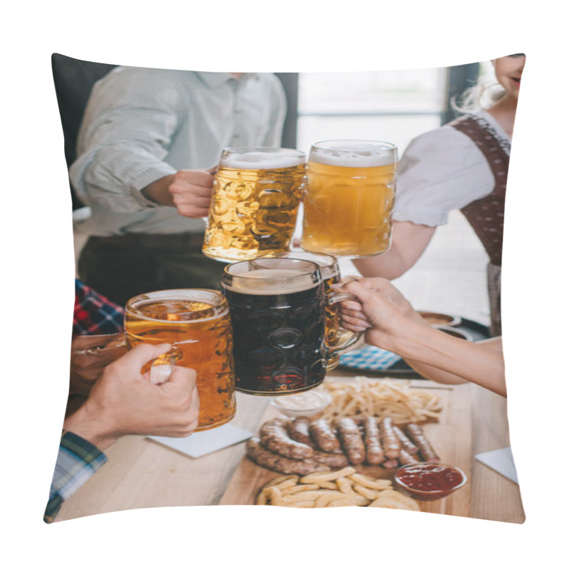 Personality  Cropped View Of Friends Clinking Mugs Of Light And Dark Beer While Celebrating Octoberfest In Pub Pillow Covers