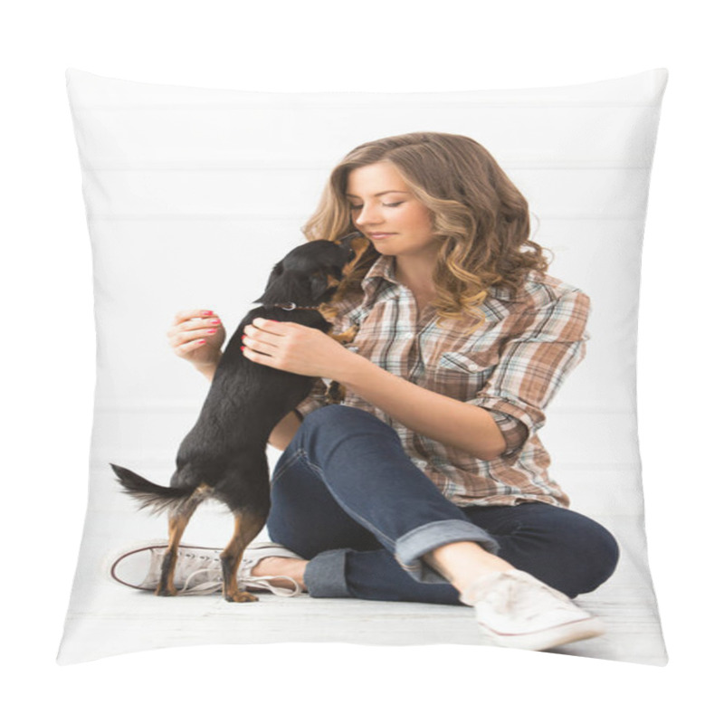 Personality  Attractive Woman With Dog On The Floor Pillow Covers