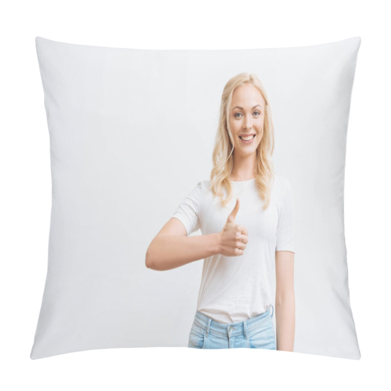 Personality  Happy Attractive Girl Showing Thumb Up While Smiling At Camera Isolated On White Pillow Covers