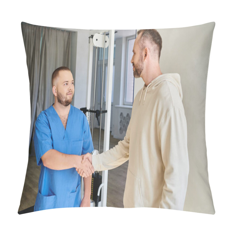 Personality  Bearded Man Shaking Hands With Smiling Doctor In Blue Uniform In Rehabilitation Kinesio Center Pillow Covers