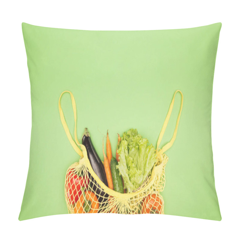 Personality  Top View Of Yellow String Bag With Organic Vegetables On Light Green Surface With Copy Space Pillow Covers