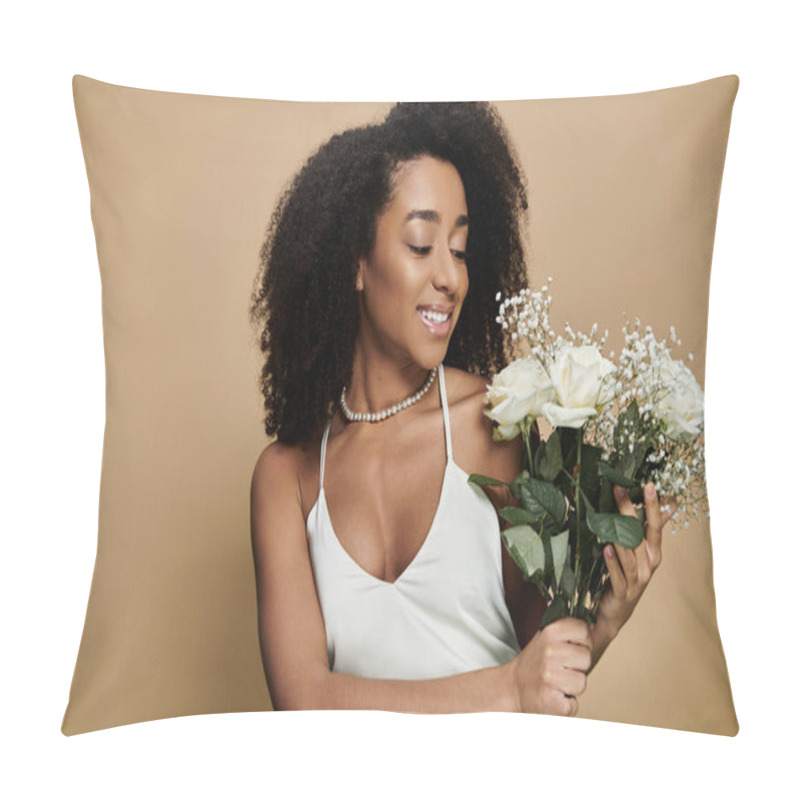 Personality  African American Woman With Natural Makeup Holds White Roses And Smiles Softly, Looking Down At The Flowers. Pillow Covers