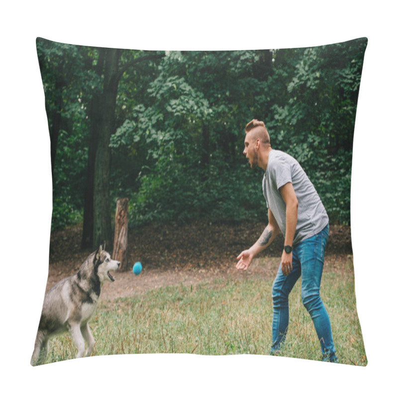 Personality  Young Man Throwing Ball To Husky Dog In Park Pillow Covers