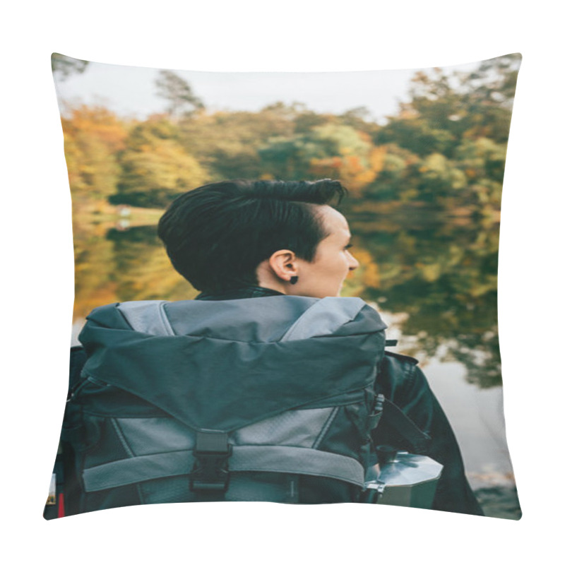 Personality  Female Traveller With Backpack On Autumnal Background Pillow Covers