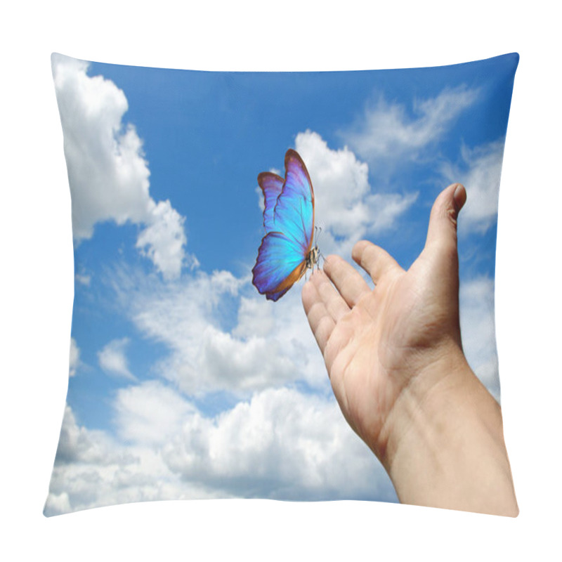 Personality  Butterfly Morpho Sitting On The Hand. Hand Raised To The Sky. Butterfly On The Hand On A Sky Background. Peaceful Sky Pillow Covers