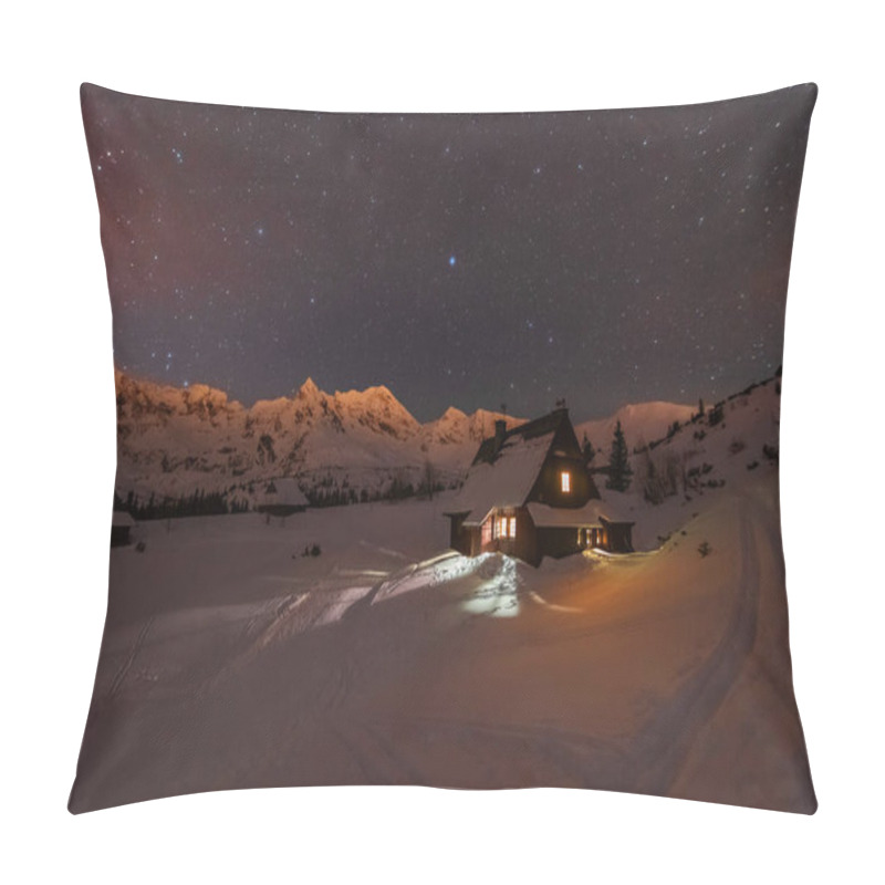 Personality  Night Winter Landscapes In The High Tatras, With Mountain Houses On A Background Of Snow-capped Mountains And Starry Sky Pillow Covers