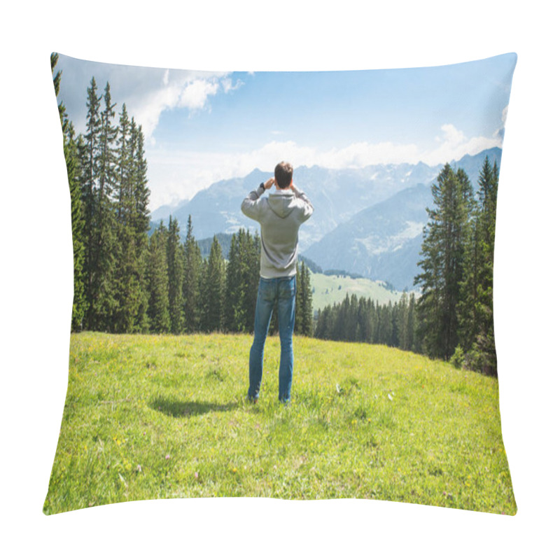 Personality  Man Enjoying Panoramic Mountain View At Sunny Day Pillow Covers