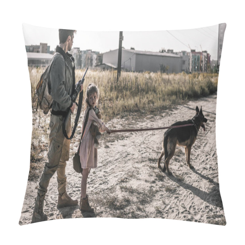 Personality  Armed Man Holding Gun Near Kid With Teddy Bear And Dog, Post Apocalyptic Concept Pillow Covers