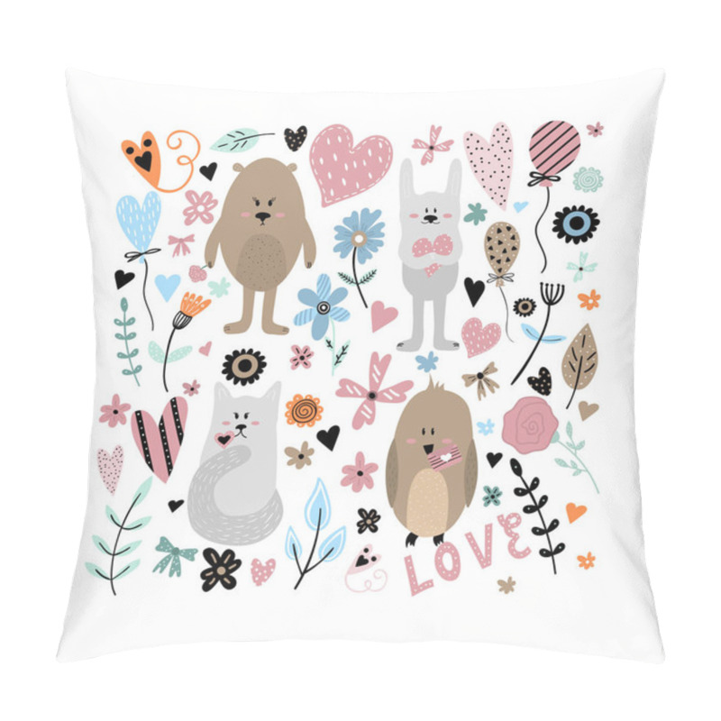 Personality  Vector Set Of Cute Animals With Doodle Flowers, Hearts  And Leav Pillow Covers