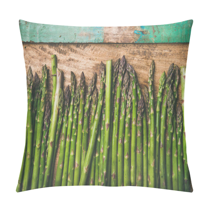 Personality  Seasonal Harvest Produce . Raw Uncooked Green Asparagus In Row Over Rustic Wooden Background Pillow Covers