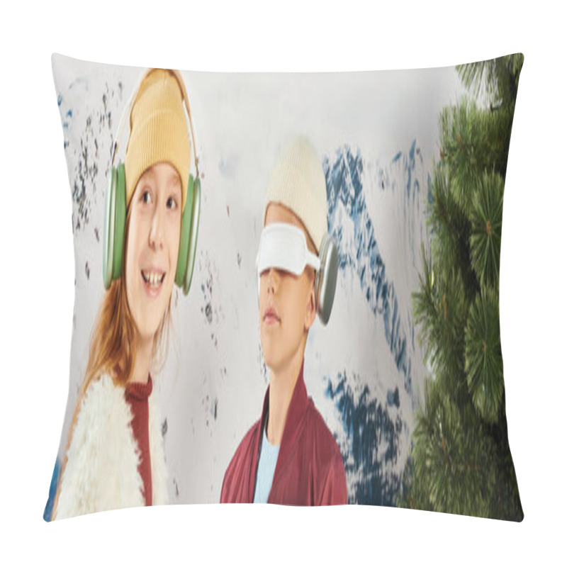 Personality  Cheerful Stylish Preteen Friends In Trendy Outfits Having Fun With Headsets, Fashion Concept, Banner Pillow Covers