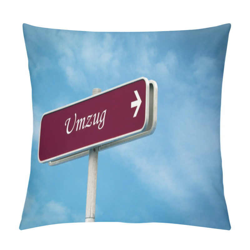 Personality  An Image With A Signpost In German Pointing In The Direction Of Relocation. Pillow Covers