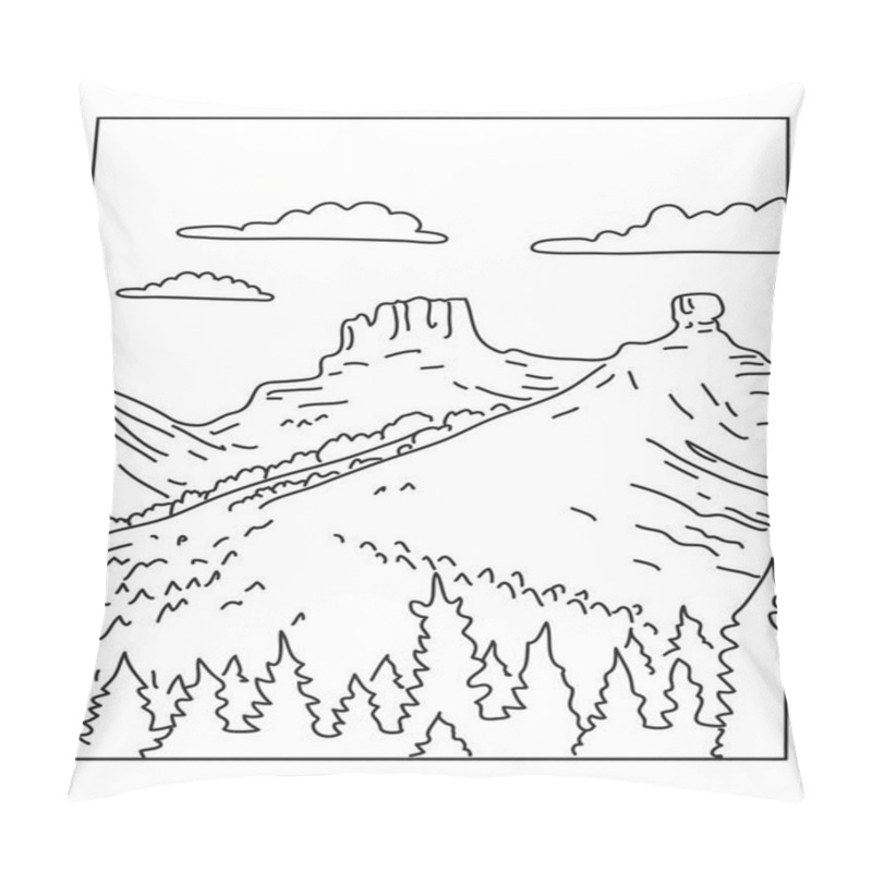 Personality  Mono Line Illustration Of Chimney Rock National Monument In San Juan National Forest In Southwestern Colorado Done In Monoline Line Art Style. Pillow Covers