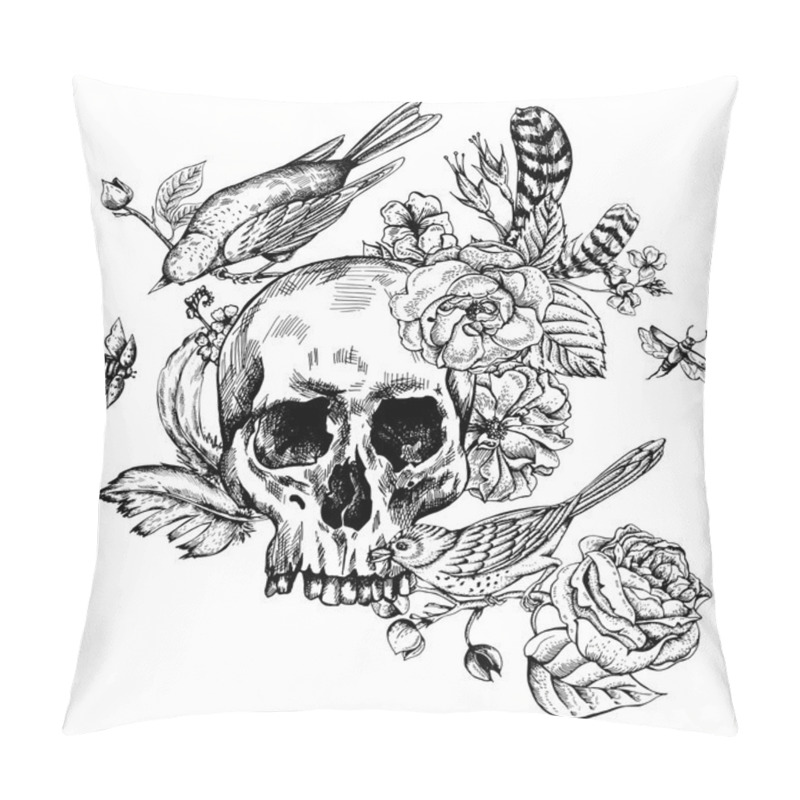 Personality  Skull With Flowers, Roses, Birds And Feathers Pillow Covers