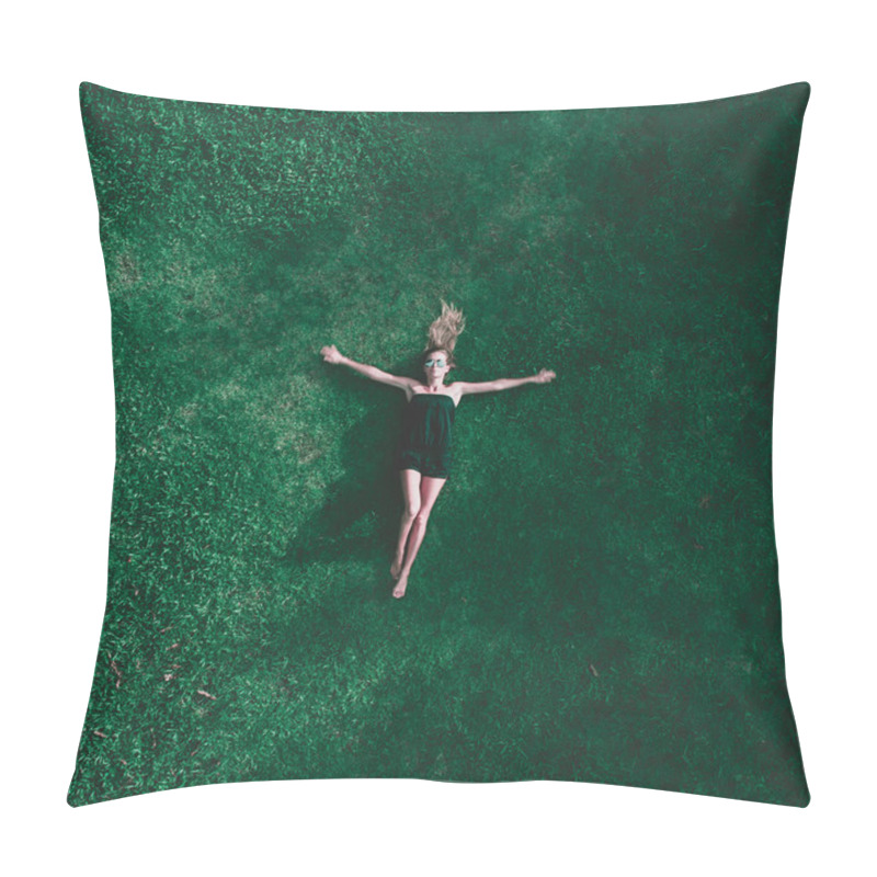 Personality  Aerial Top View Of Happy Woman Relaxing On The Grass During Sunny Summer Day Pillow Covers