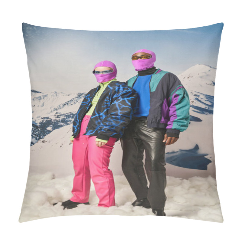 Personality  Fashionable Multicultural Couple In Warm Clothes With Pink Balaclavas And Sunglasses, Winter Concept Pillow Covers