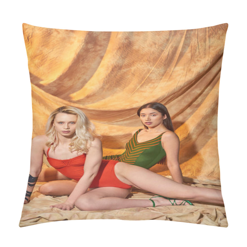 Personality  Fashion Models, Multicultural Women In Swimwear Sitting On Beige Backdrop With Drapery, Diversity Pillow Covers