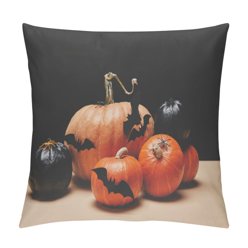 Personality  Orange And Black Pumpkins With Paper Bats On Table, Halloween Concept Pillow Covers