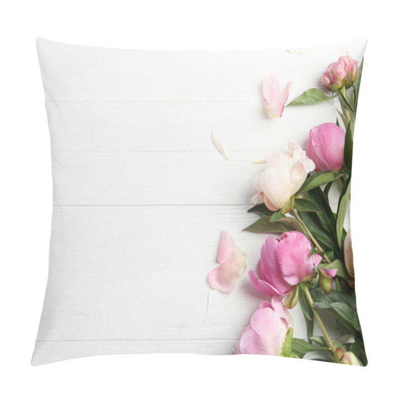 Personality  Beautiful Peonies On White Wooden Table, Flat Lay. Space For Text Pillow Covers