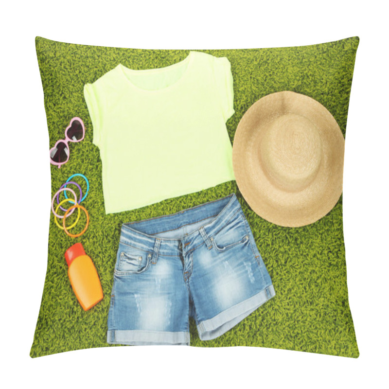 Personality  Top, Shorts And Beach Items On Bright Green Background Pillow Covers