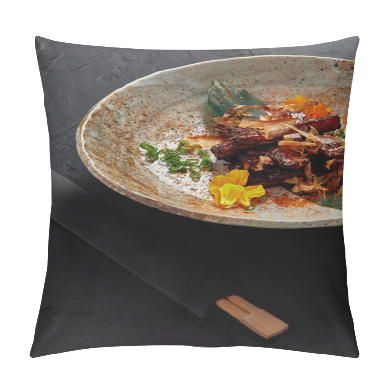 Personality  Close-up View Of Traditional Japanese Meal On Plate And Chopsticks Pillow Covers