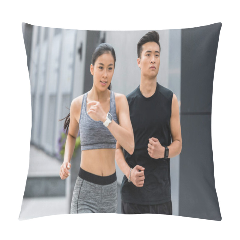 Personality  Asian Sportsman And Sportswoman Running At City Street  Pillow Covers