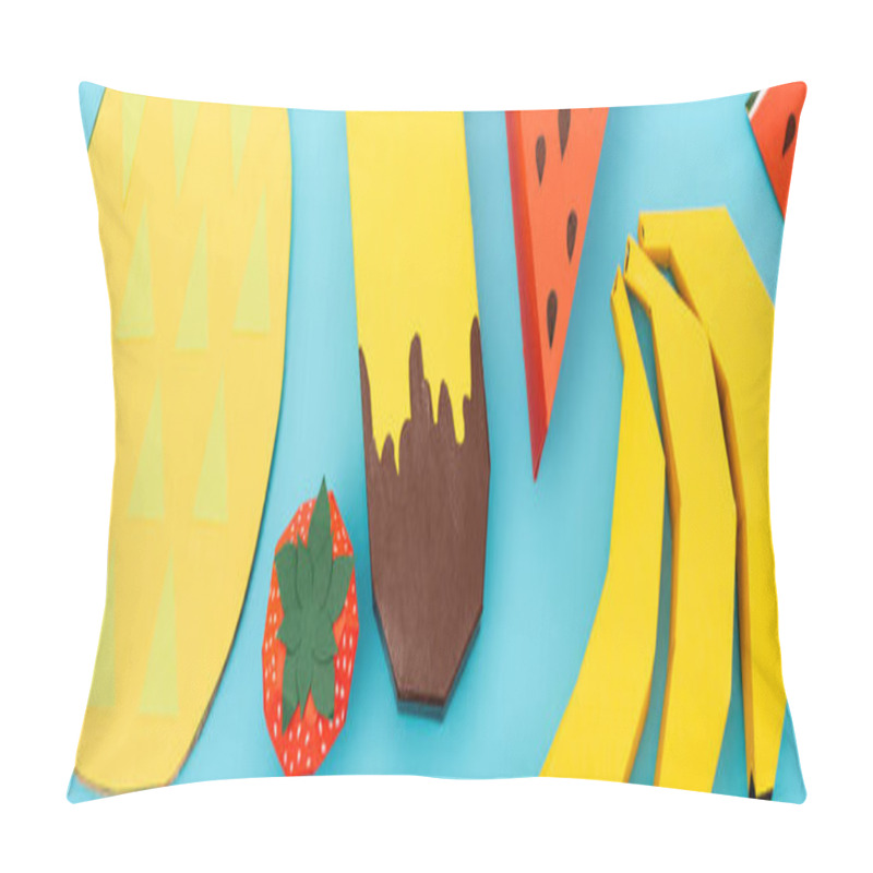 Personality  Top View Of Paper Summer Fruits And Ice Cream On Blue Background, Panoramic Shot Pillow Covers