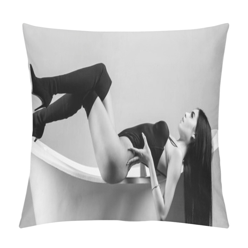 Personality  Erotic Woman Wear Lingerie And High Heels Relaxing. Girl Slim Sexy Body Lay On Bathtub. Love And Celebrate Your Amazing Body. Care Nourish Treat Body With Rich Nutritious Meals And Cosmetic Products Pillow Covers