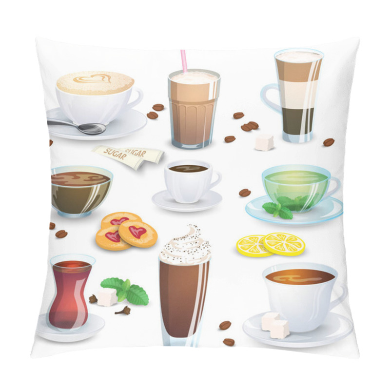 Personality  Set Of Non-alcoholic Beverages - Tea, Herbal Tea, Hot Chocolate, Latte, Mate, Coffee, And Small Additions For Hot Drinks. Vector Illustration, Isolated On White. Pillow Covers