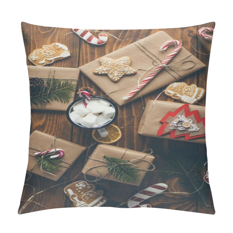 Personality  Cup Of Hot Chocolate With Marshmallows On Wooden Table With Christmas Gifts Pillow Covers