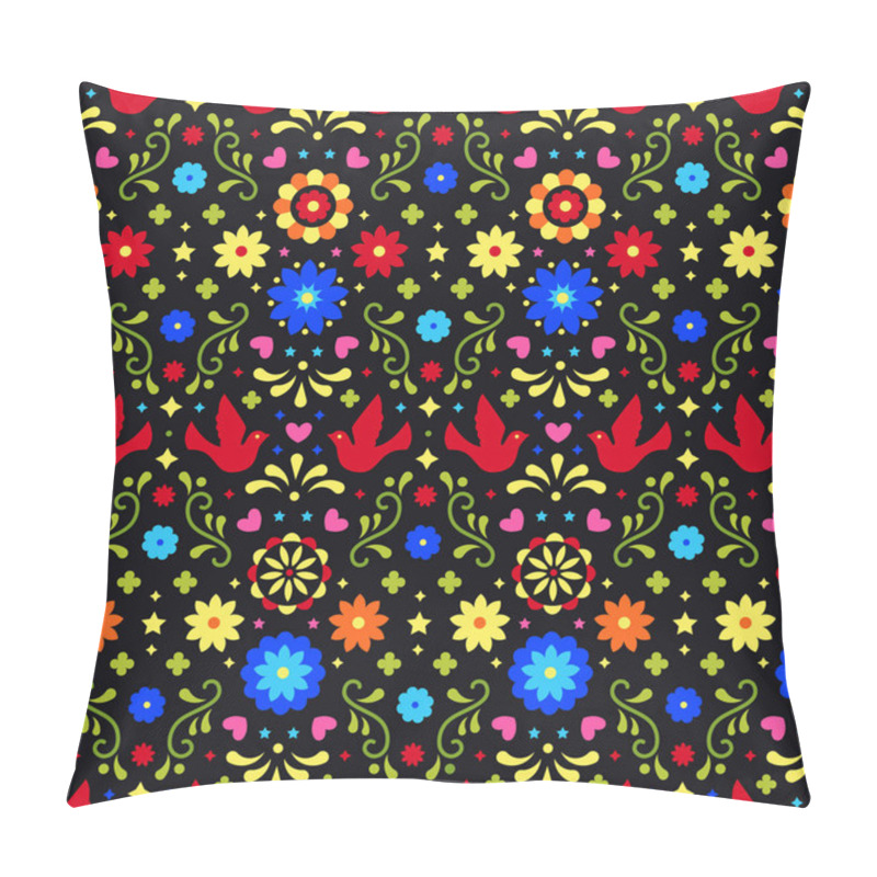 Personality  Colorful Mexican Flowers, Leaves And Birds On Dark Background. Traditional Seamless Pattern For Fiesta Party. Floral Folk Art Design From Mexico. Mexican Folklore Ornament. Pillow Covers