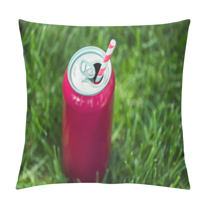 Personality  Close Up View Of Drink In Pink Can With Straw On Green Lawn Pillow Covers