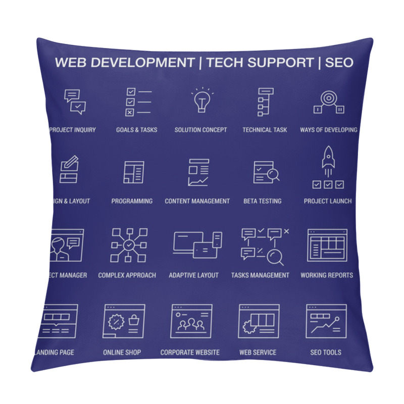 Personality  Web Developing. Tech Support. SEO. Icons Set. Linear. Gray On Blue. Pillow Covers