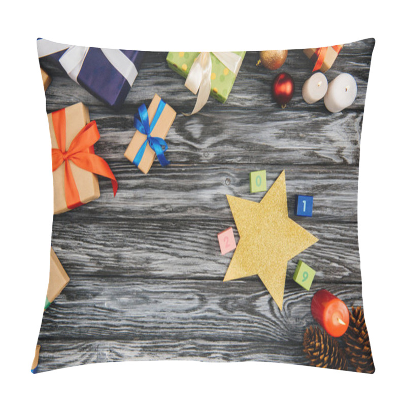 Personality  Top View Of Christmas Presents, 2019 Sign, Star And Burning Candles On Wooden Surface Pillow Covers