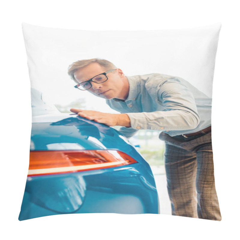 Personality  Handsome Adult Man Touching Luxury Sport Car At Showroom Pillow Covers