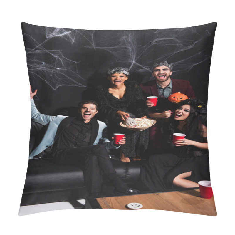 Personality  Man Waving Hand Near Excited Multiethnic Friends In Halloween Costumes Eating Popcorn And Drinking Beer On Black Pillow Covers