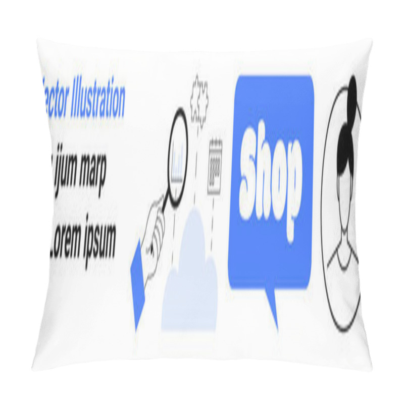 Personality  Hand Holding Magnifying Glass Examines Cloud Data And Statistics. Shop Speech Bubble In Blue Signals Online Shopping. Ideal For E-commerce, Data Analytics, Market Research, Customer Profiling Pillow Covers