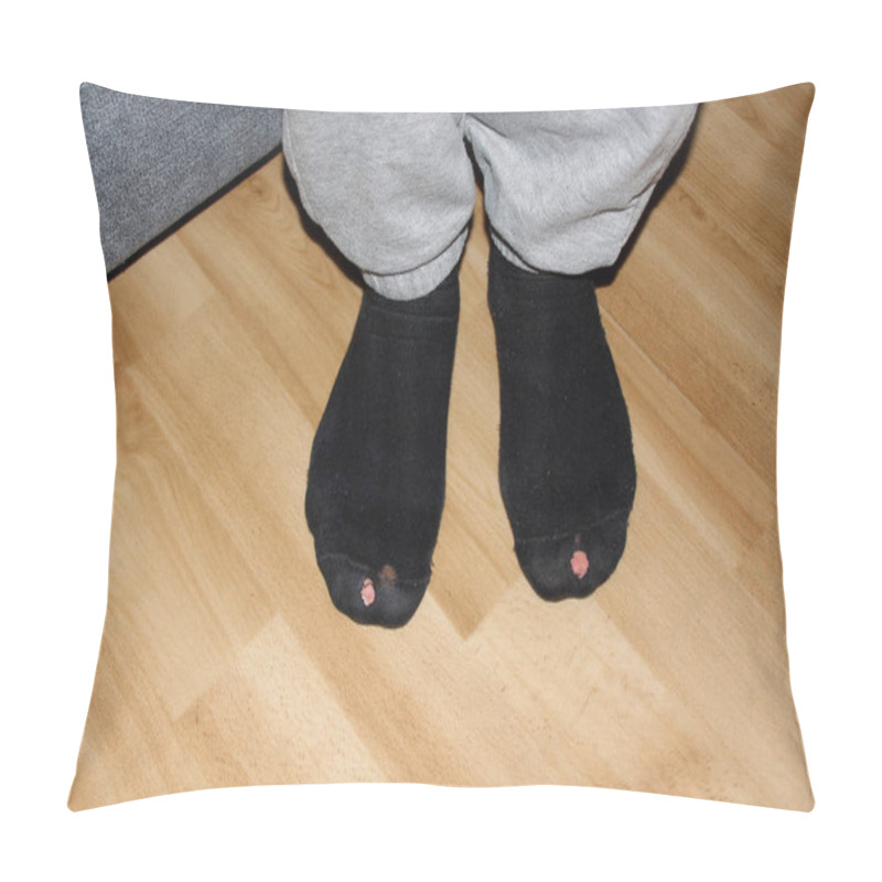 Personality  Partial Photograph Of A Man's Legs In Black Holey Socks Rubbed On His Fingers Pillow Covers