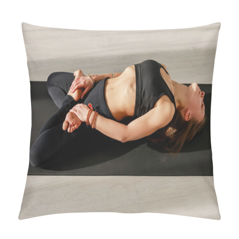 Personality  Attractive Woman In Reclining Hero Pose On Yoga Mat  Pillow Covers