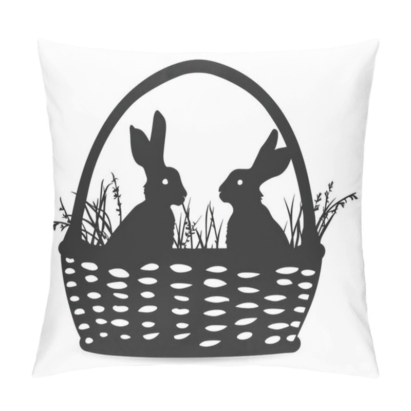 Personality  Two Silhouette Rabbits Sit In A Woven Basket Filled With Grass And Foliage, Creating A Charming Springtime Scene. Pillow Covers