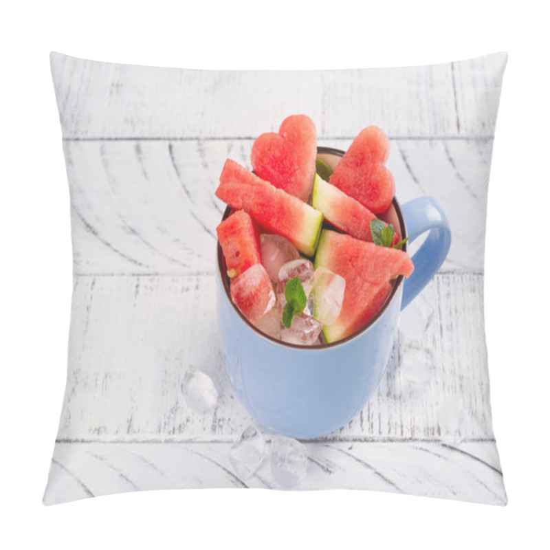 Personality  Watermelon Slices In A Blue Porcelain Cup On White Wooden Table Pillow Covers