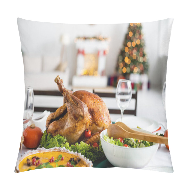 Personality  Traditional Thanksgiving Dinner With Roasted Turkey And Pumpkin Pie Near Fresh Vegetable Salad Pillow Covers