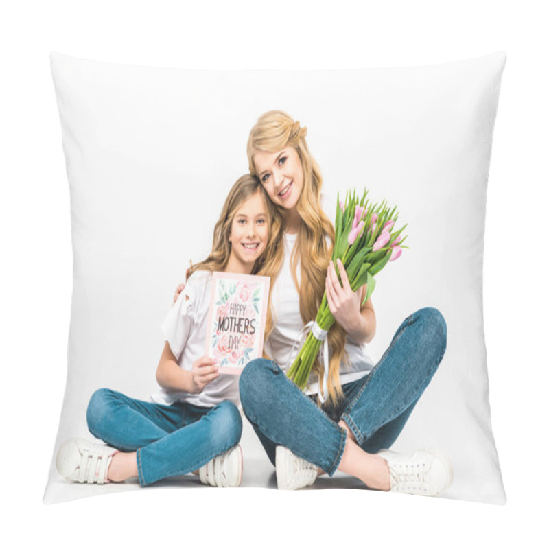 Personality  Mother With Bouquet Of Pink Tulips And Daughter With Happy Mothers Day Greeting Card Sitting On Floor With Crossed Legs On White Background Pillow Covers