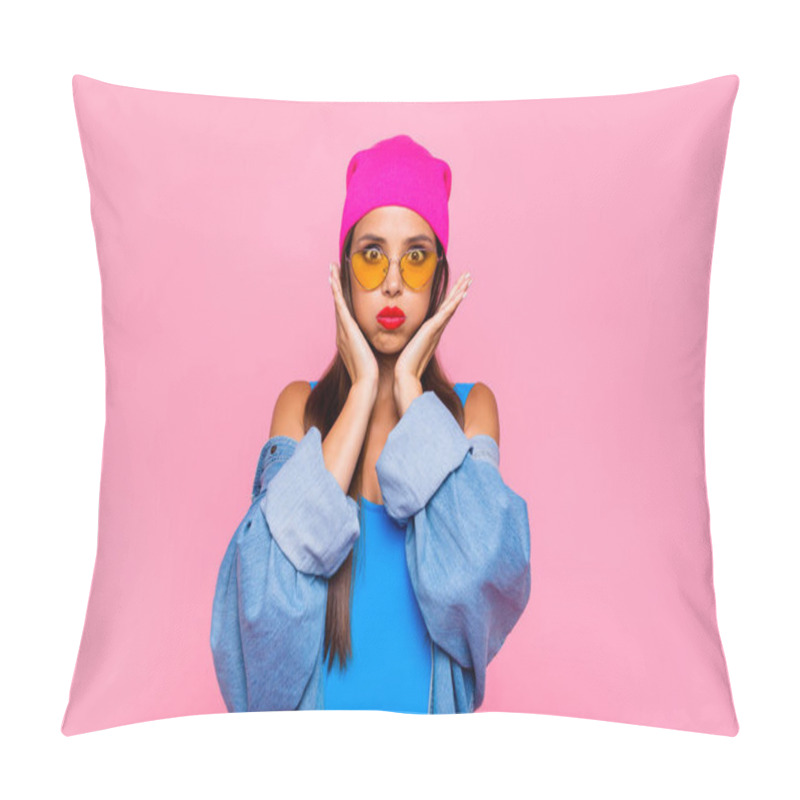 Personality  Close Up Portrait Of  Funny, Foolish And Young Girl Puffed Her Cheeks And Hold Them With Her Hands Isolated On Vivid Pink Background Pillow Covers