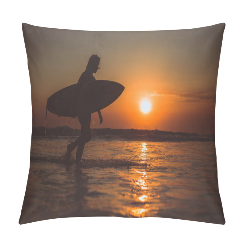 Personality  Full Length Of Surfer Woman Silhouette Walking With Surfboard In Sea Water And Enjoying Sunset  Pillow Covers