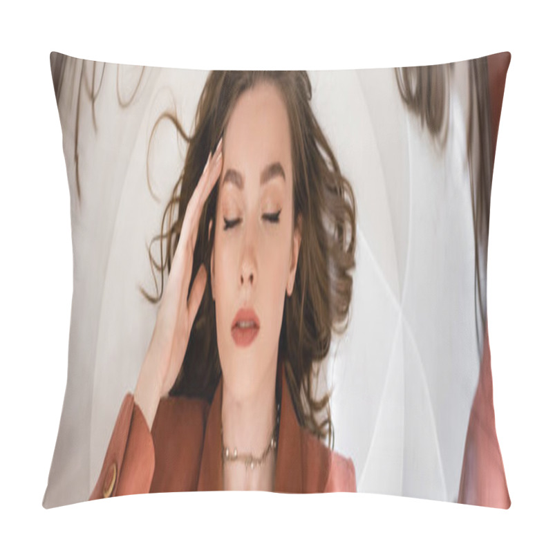 Personality  Circular Shot, Top View Of Young Woman With Brunette Hair Wearing Blazer And Golden Necklace While Lying And Touching Face On Grey Background, Blurred, Wide-angle, Abstract Composition, Banner  Pillow Covers